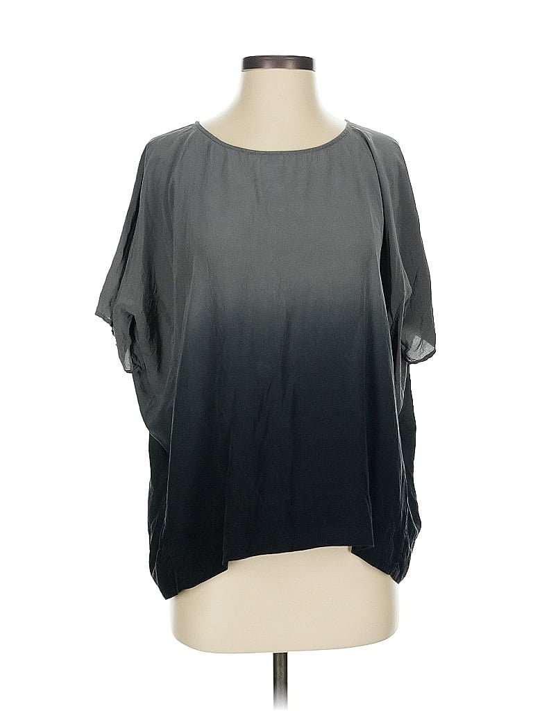 Pre-owned Eileen Fisher Short Sleeve Silk Top Gray Cold Shoulder Neckline Tops