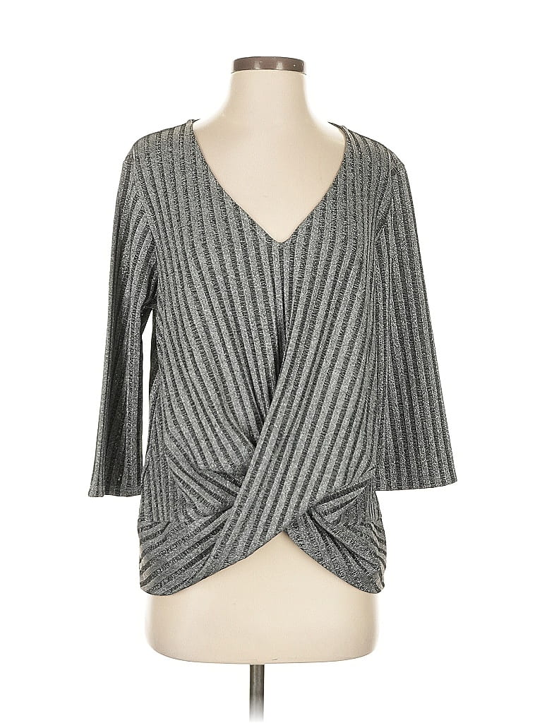 Pre-owned Violetta 3/4 Sleeve Top Gray Plunge Neckline Tops