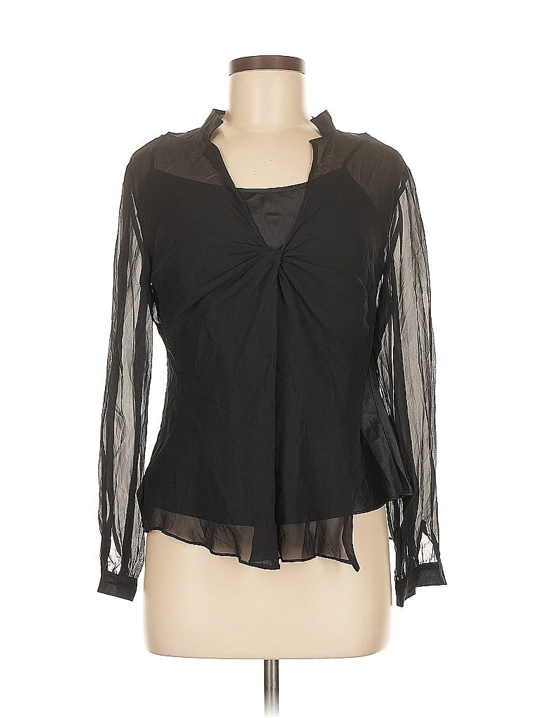 Pre-owned Ann Taylor Long Sleeve Silk Top Black Keyhole Neckline Tops