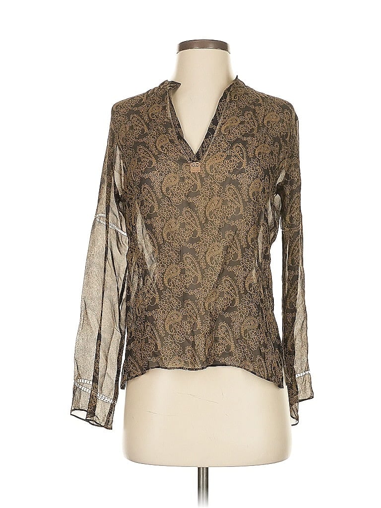 Pre-owned Max Studio Long Sleeve Silk Top Brown Plunge Neckline Tops