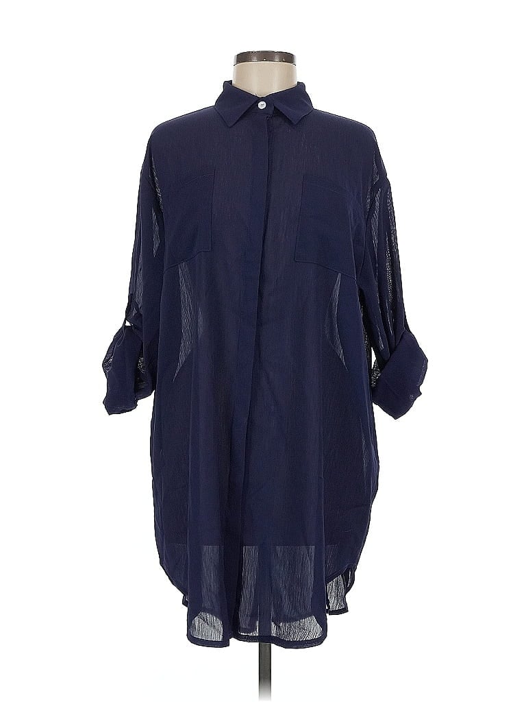 Pre-owned Unbranded 3/4 Sleeve Button Down Shirt In Blue