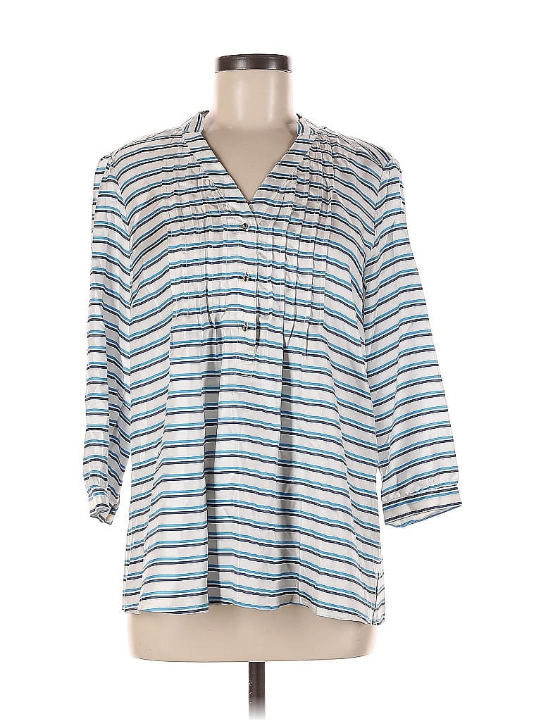 ELIZABETH MCKAY Pre-owned 3/4 Sleeve Silk Top Blue Collared Neckline Tops