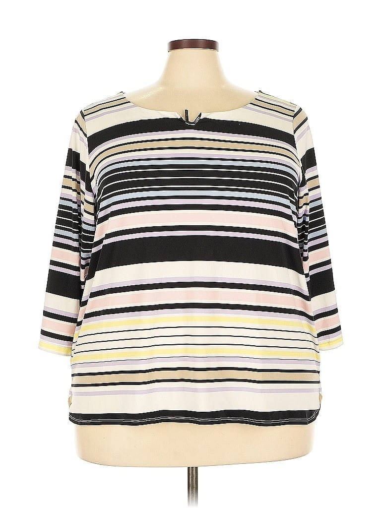 Pre-owned Calvin Klein 3/4 Sleeve Top Ivory Stripes Pattern Boatneck Tops In White