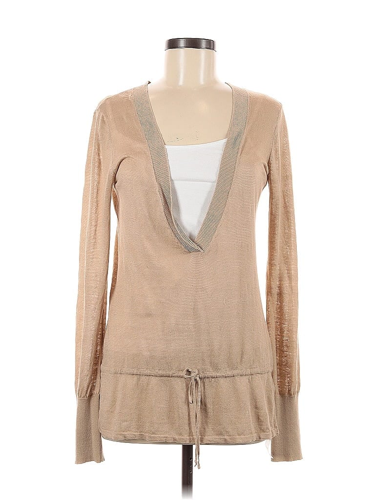Pre-owned Theory Long Sleeve Top Tan Plunge Neckline Tops