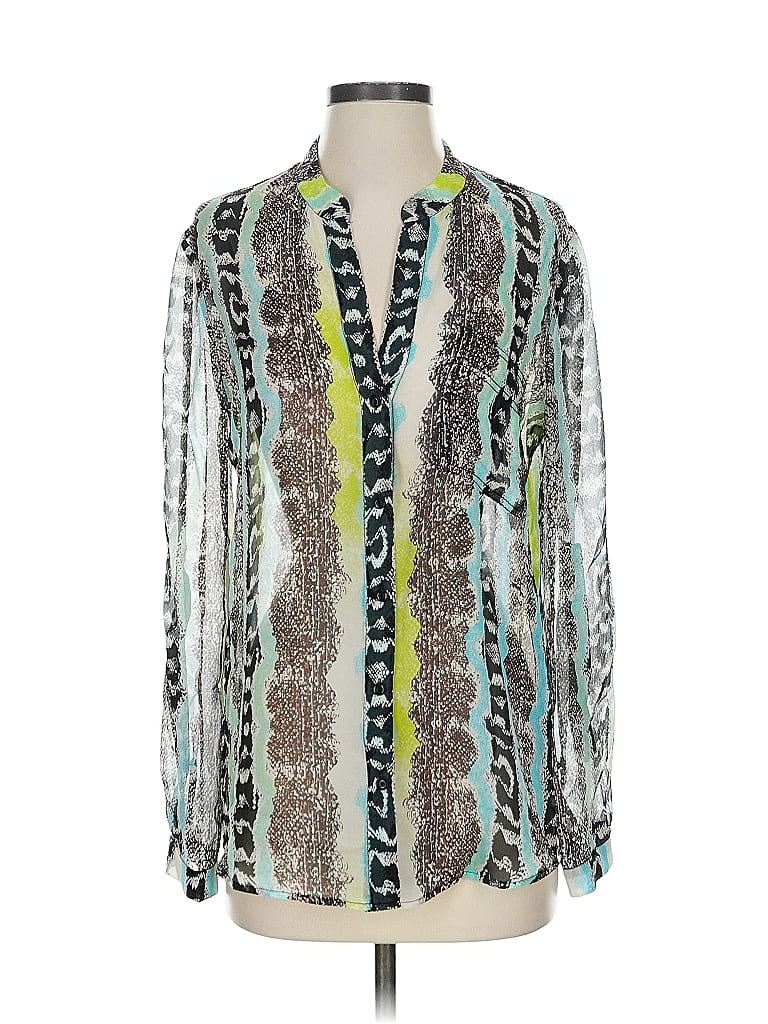 Pre-owned Diane Von Furstenberg Long Sleeve Silk Top Green Animal Print Pattern Plunge Neckline Tops