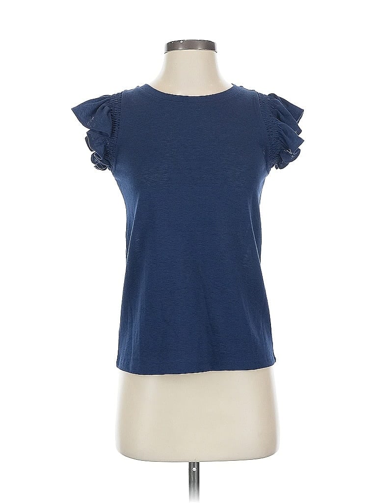 Pre-owned Ann Taylor Loft Short Sleeve Top Blue Ruffles Neckline Tops