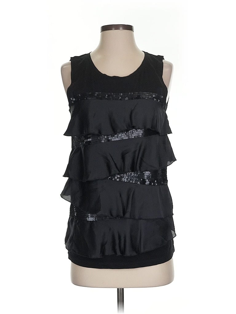 Pre-owned Ann Taylor Loft Sleeveless Top Black Ruffles Neckline Tops
