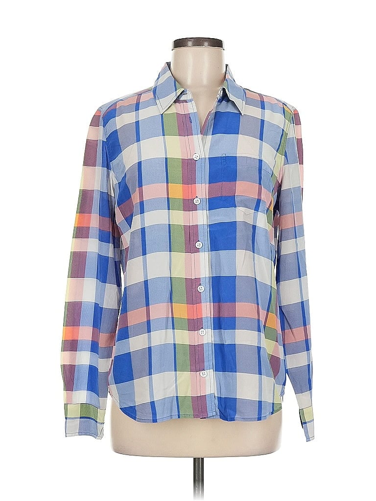 Pre-owned Equipment Long Sleeve Silk Top Blue Color Block Pattern Square Neckline Tops