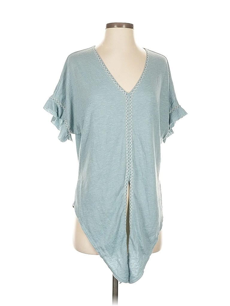Pre-owned Max Studio Short Sleeve Top Teal Plunge Neckline Tops In Blue