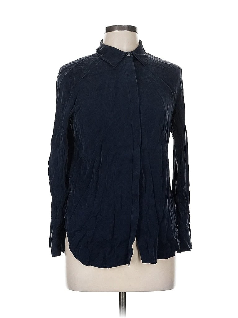 Pre-owned Theory Long Sleeve Silk Top Blue Tie Neck Tops