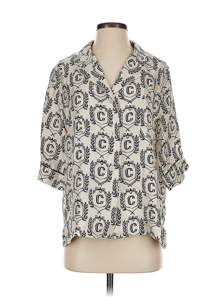 Pre-owned La Prestic Ouiston 3/4 Sleeve Silk Top Ivory Print Pattern V Neck Tops In White