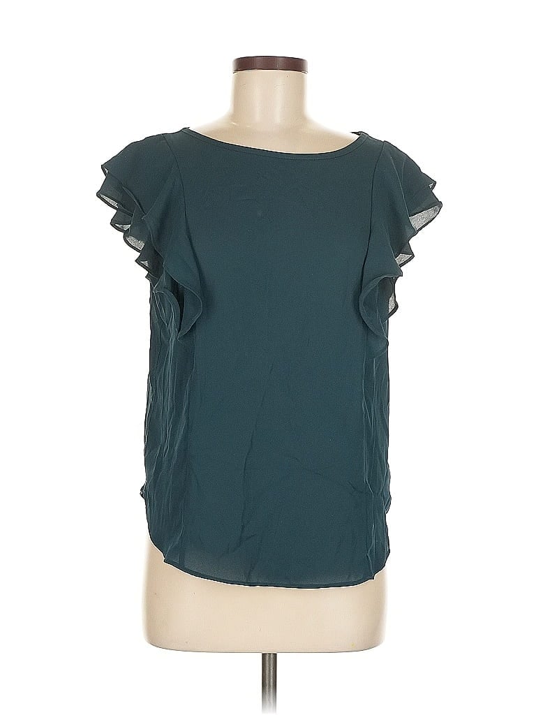 Pre-owned Ann Taylor Loft Outlet Short Sleeve Top Teal Ruffles Neckline Tops In Blue