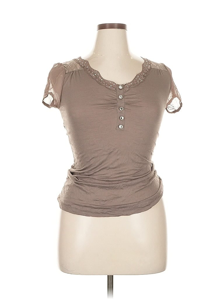 Pre-owned Daytrip Short Sleeve Top Brown Keyhole Neckline Tops