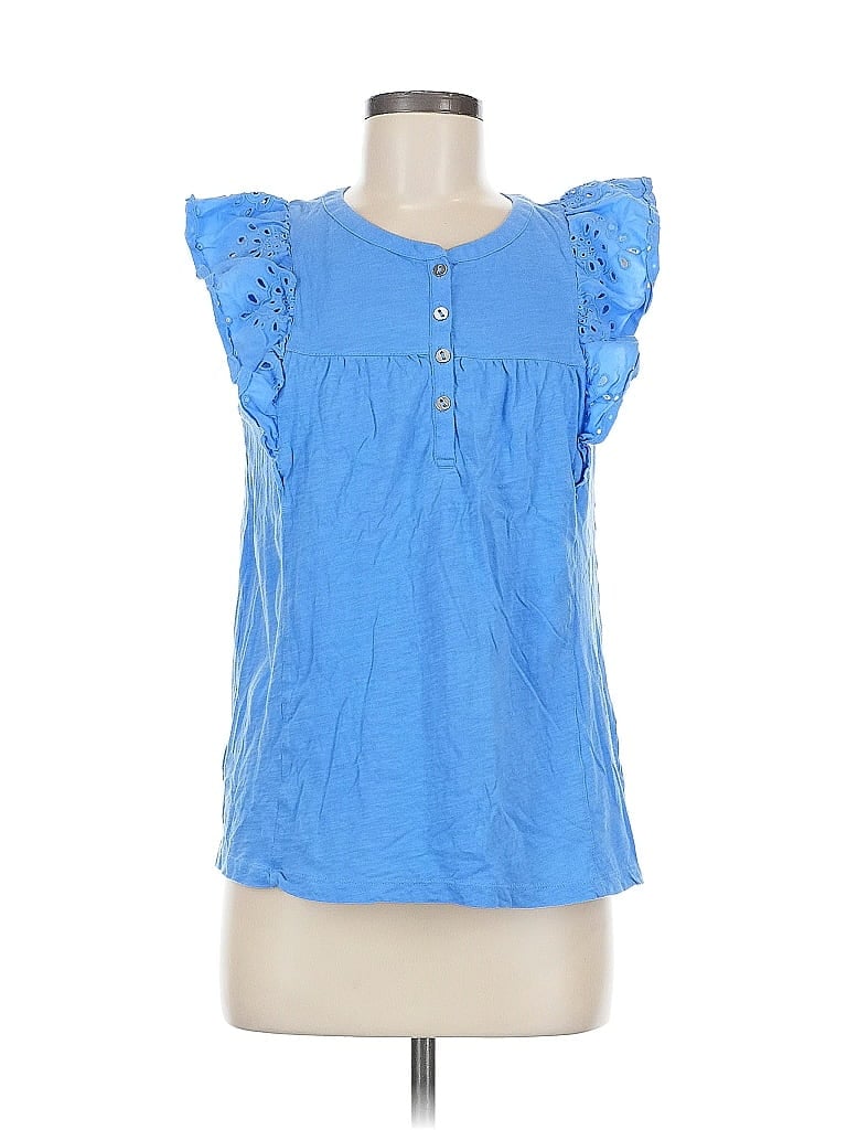 Pre-owned Ann Taylor Loft Short Sleeve Top Blue Ruffles Neckline Tops