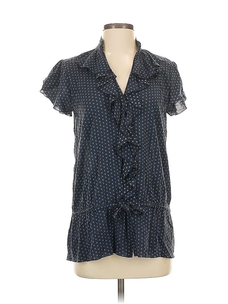 LAUNDRY BY DESIGN Pre-owned Short Sleeve Silk Top Blue Polka Dots Pattern Ruffles Neckline Tops