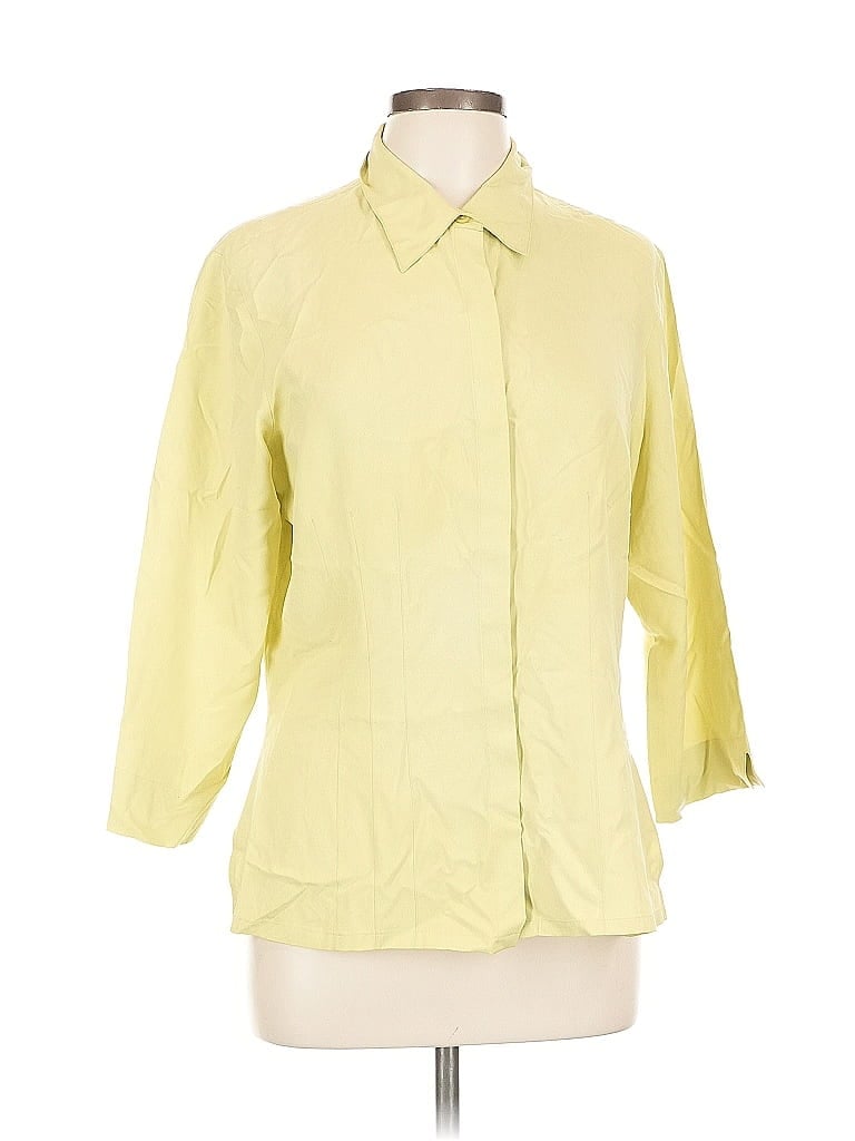 Pre-owned Coldwater Creek 3/4 Sleeve Silk Top Yellow Collared Neckline Tops