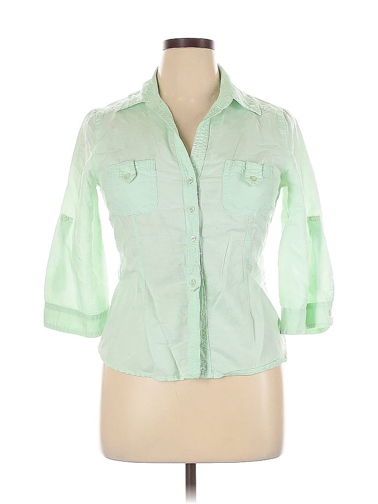 H&M Pre-owned 3/4 Sleeve Button Down Shirt In Green