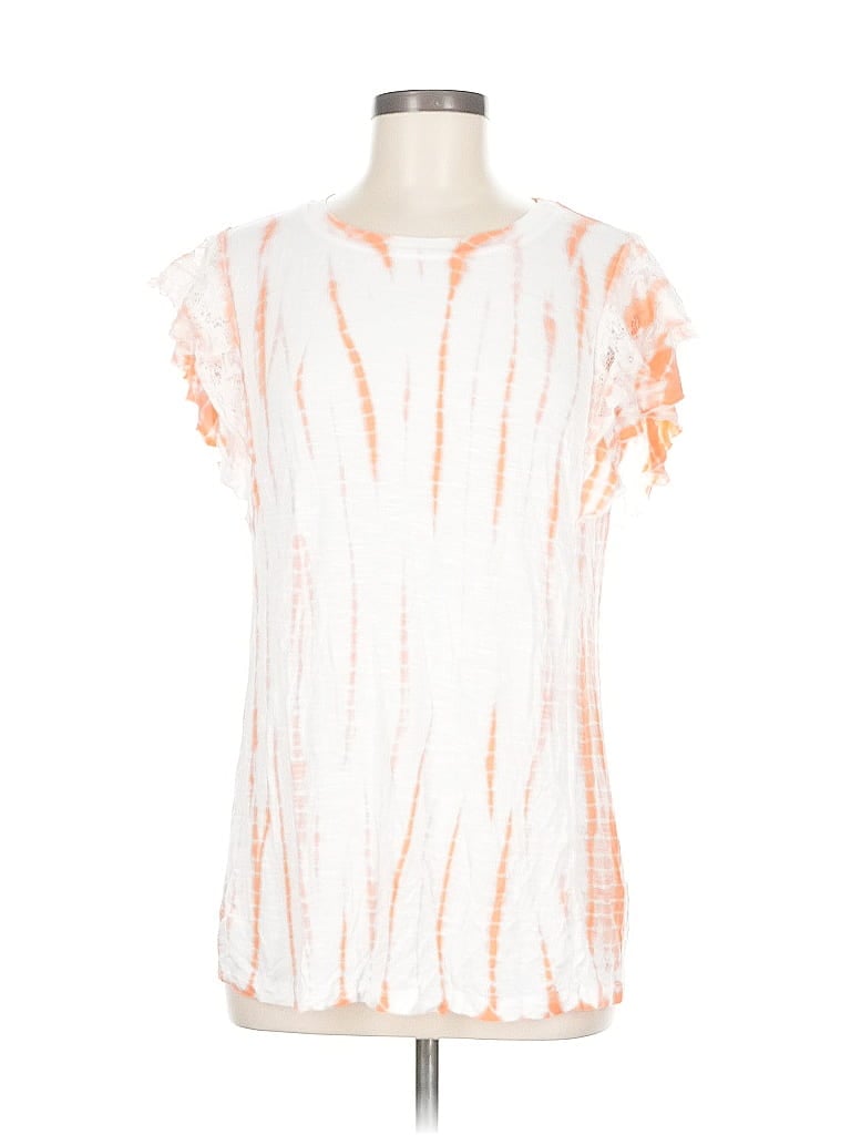 Click to view more detailed imagery on our partner's website Pre-owned Knox Rose Short Sleeve Top Orange Tie-dye Pattern Cold Shoulder Neckline Tops