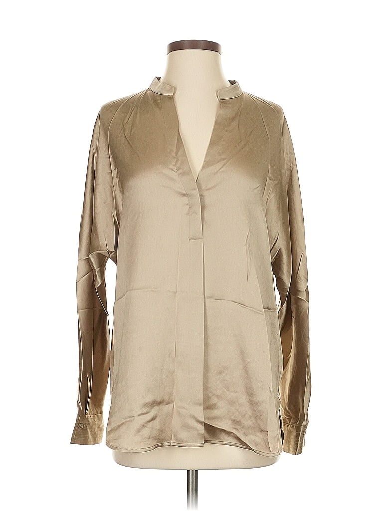 Pre-owned Vince Long Sleeve Silk Top Tan Metallic Pattern Plunge Neckline Tops In Brown