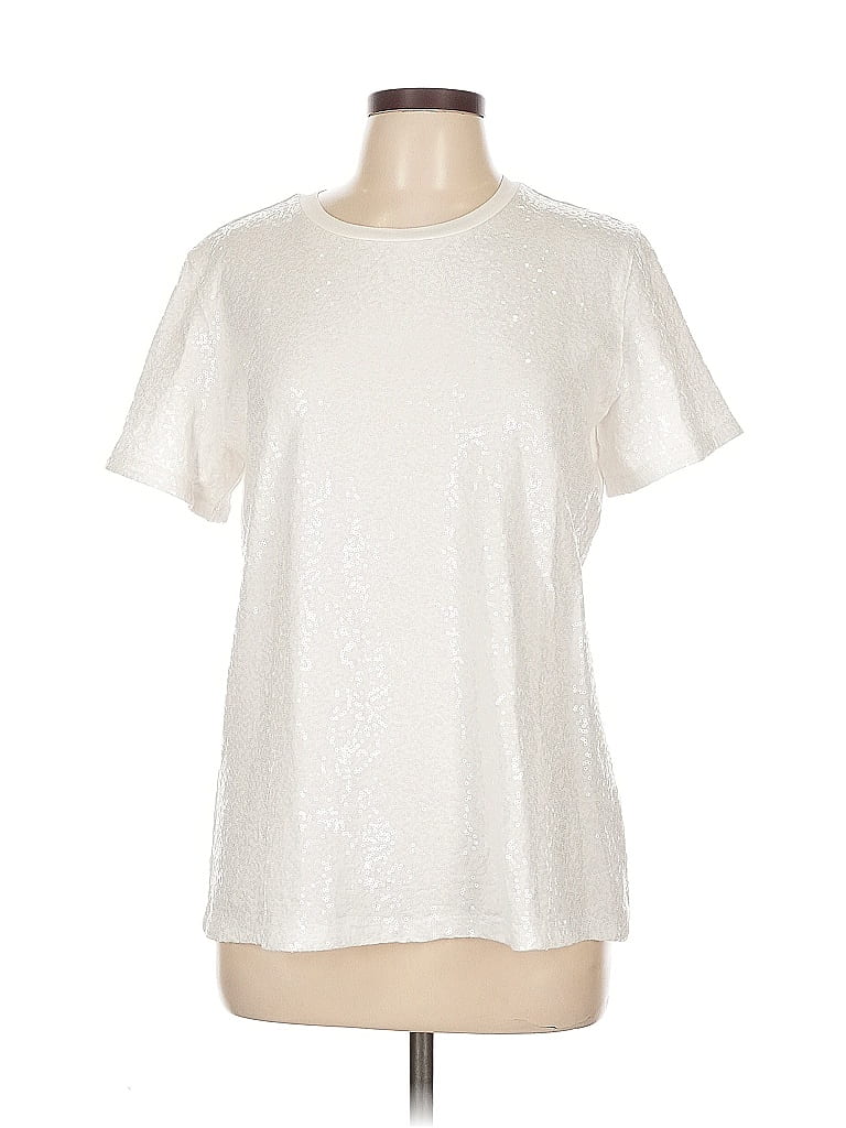 Pre-owned Dkny Short Sleeve Top Silver Metallic Pattern Crew Neck Tops