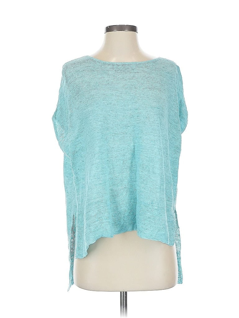 Pre-owned Eileen Fisher Short Sleeve Top Teal Boatneck Tops In Blue