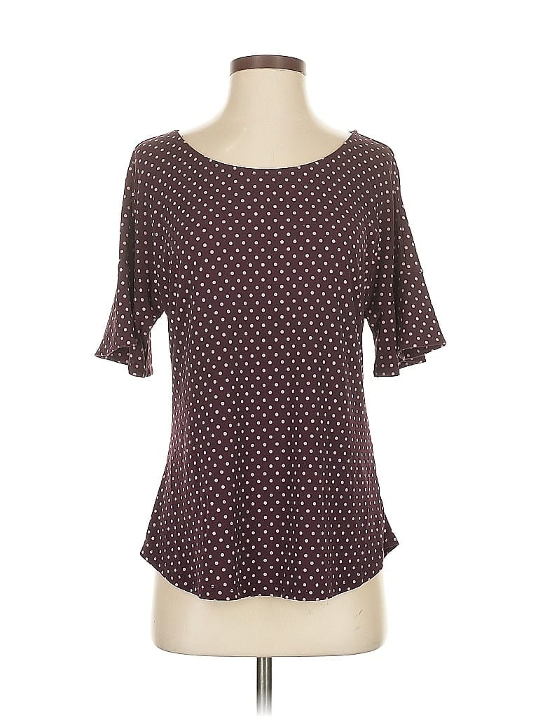 Pre-owned 7th Avenue Design Studio New York & Company Short Sleeve Top Burgundy Polka Dots Pattern Square Neckline Tops