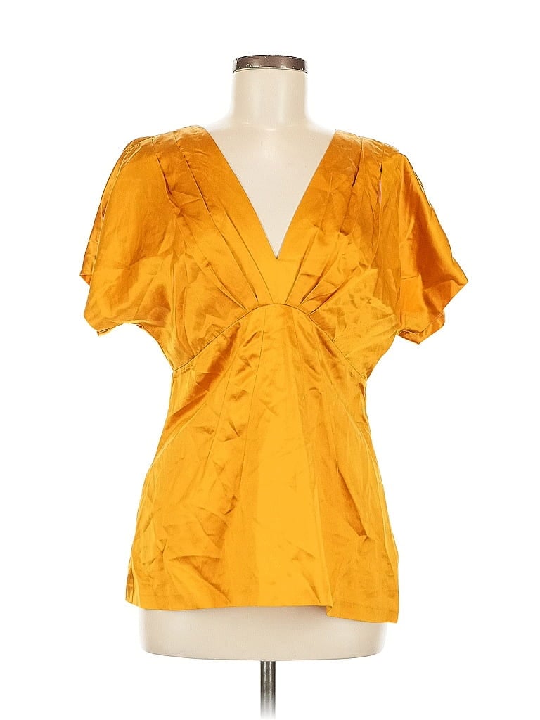 Click to view more detailed imagery on our partner's website Pre-owned Bcbgmaxazria Short Sleeve Silk Top Yellow Plunge Neckline Tops