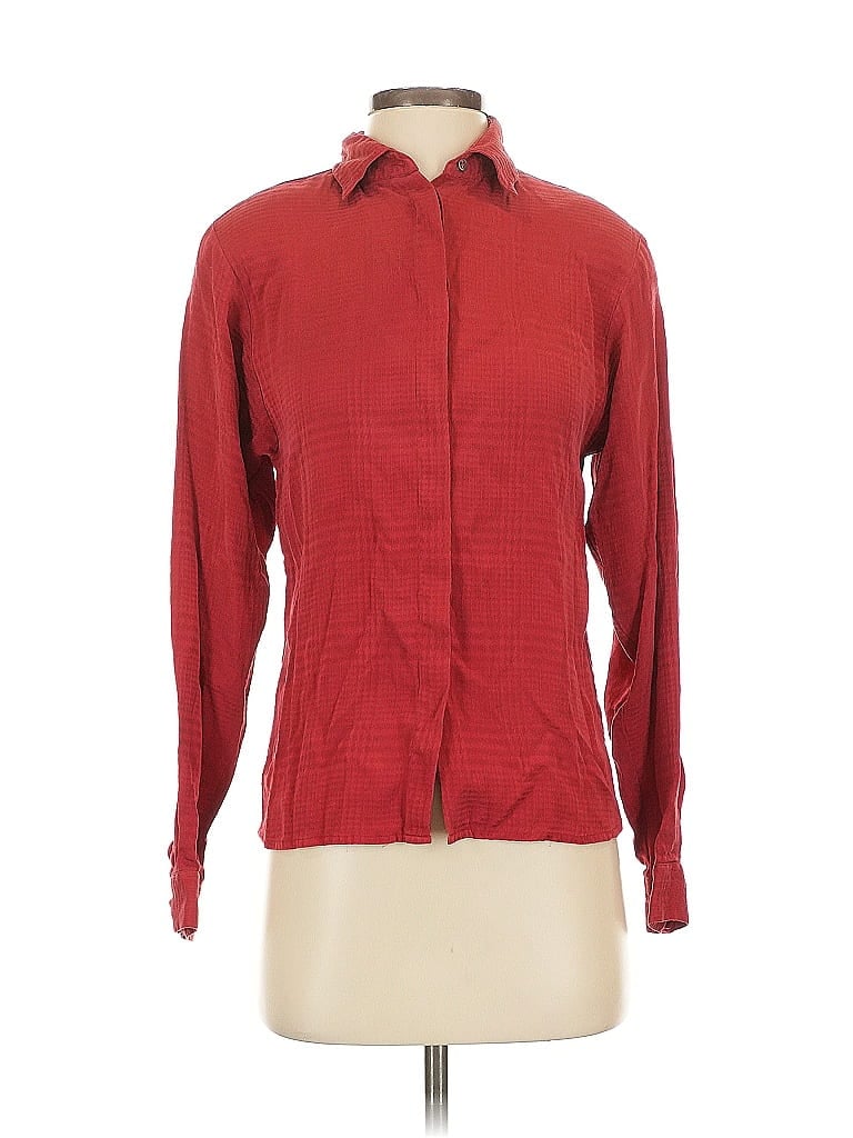 Pre-owned Linda Allard Ellen Tracy Long Sleeve Silk Top Red Collared Neckline Tops