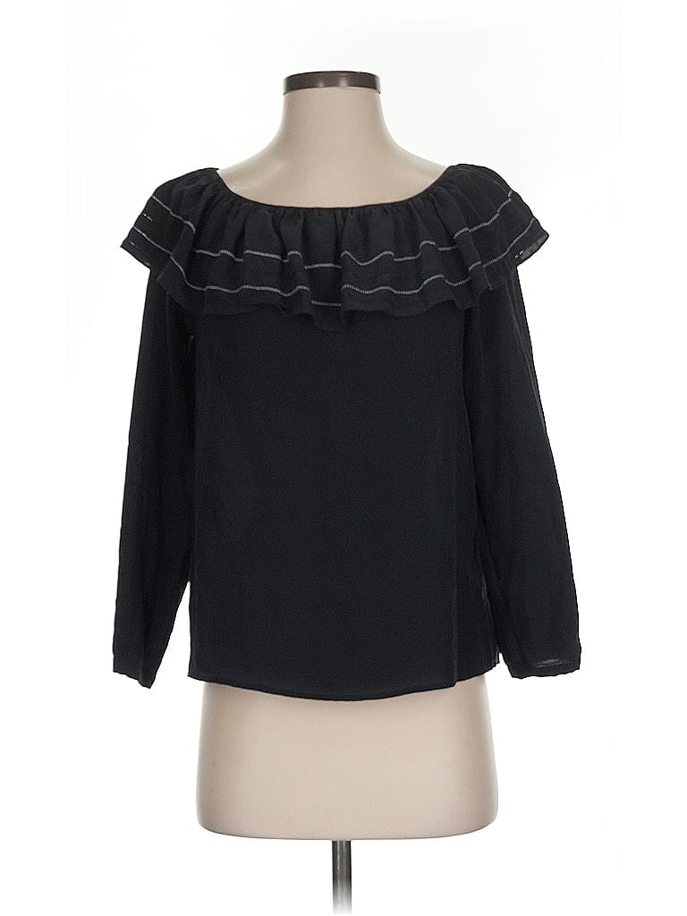 Pre-owned Club Monaco Long Sleeve Silk Top Black Ruffles Neckline Tops