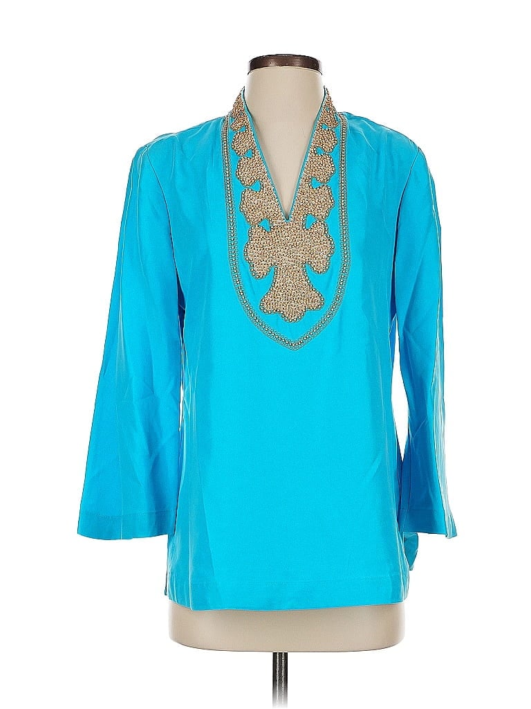 Pre-owned Natorious 3/4 Sleeve Silk Top Teal Open Neckline Tops In Blue