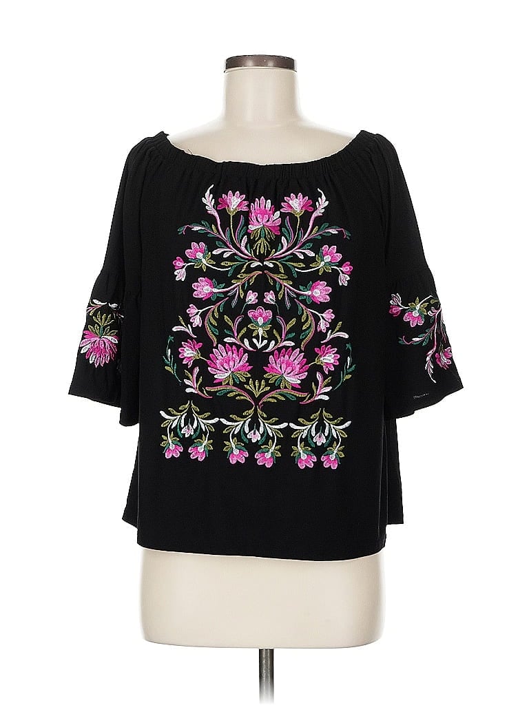 Pre-owned Inc International Concepts 3/4 Sleeve Top Black Boatneck Tops