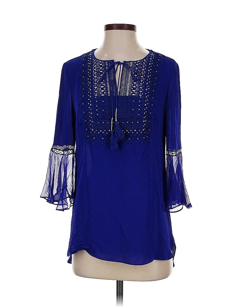 Pre-owned Elie Tahari 3/4 Sleeve Silk Top Blue Keyhole Neckline Tops