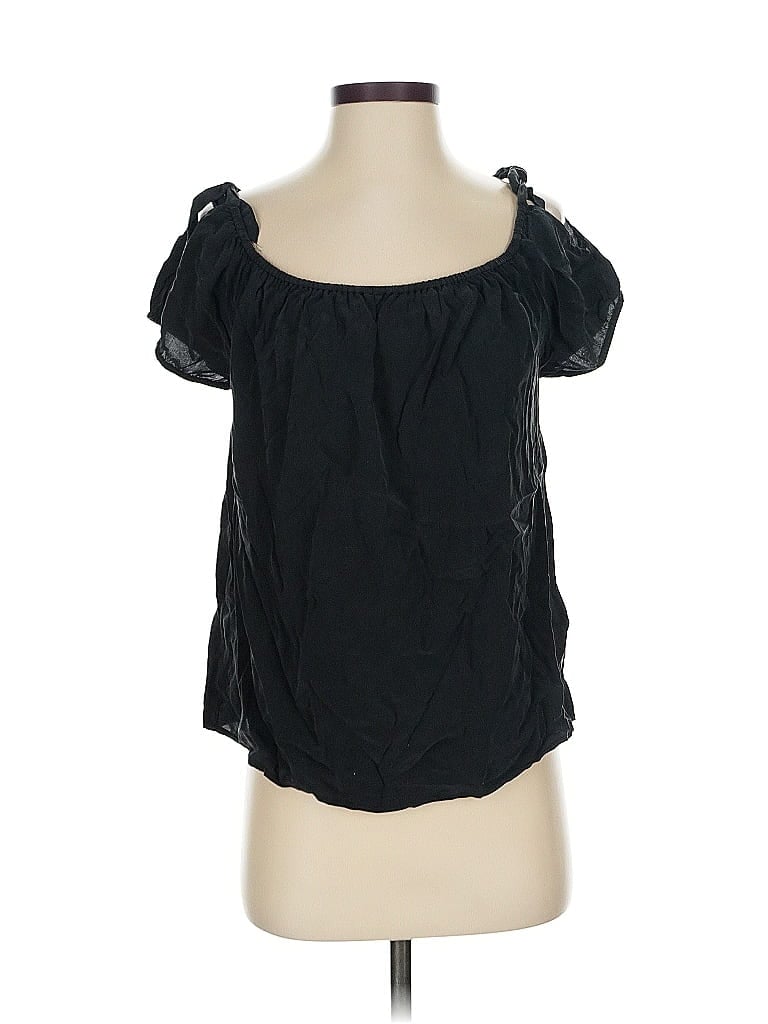 Pre-owned Joie Short Sleeve Silk Top Black Off The Shoulder Neckline Tops