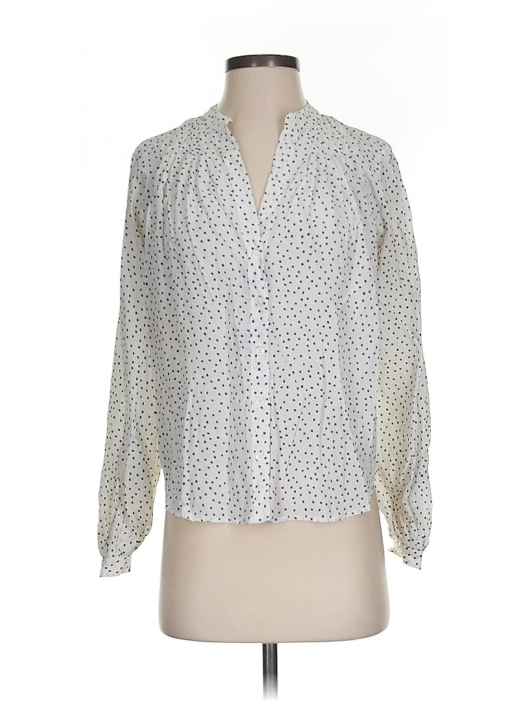 Pre-owned Frame Long Sleeve Silk Top Ivory Polka Dots Pattern V-neck Tops In White