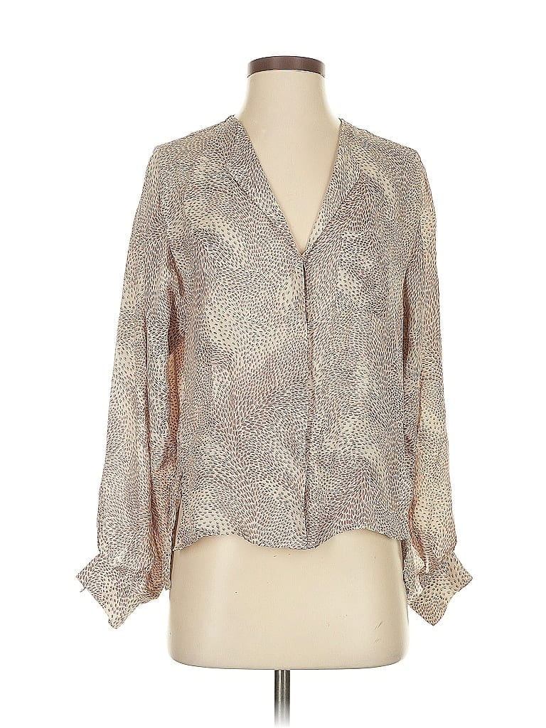 Click to view more detailed imagery on our partner's website Pre-owned Parker 3/4 Sleeve Silk Top Tan Plunge Neckline Tops In Brown