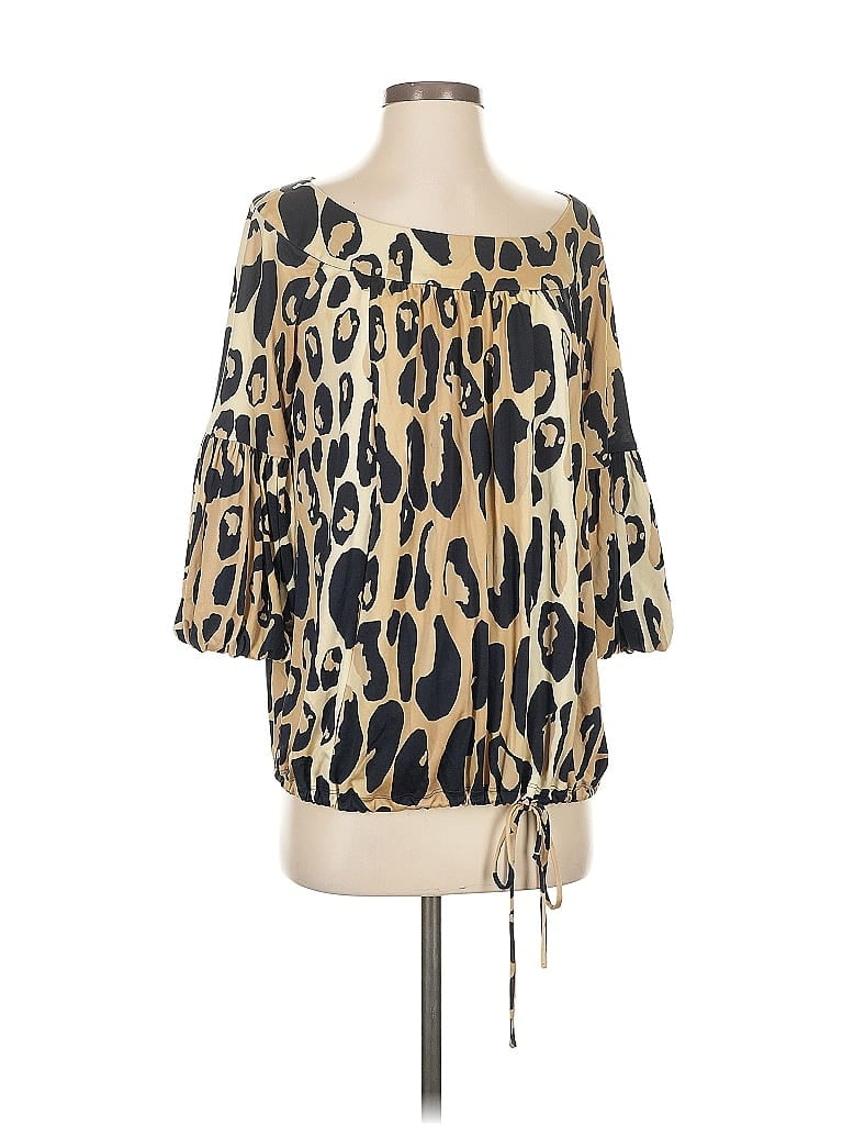 Pre-owned Diane Von Furstenberg 3/4 Sleeve Silk Top Tan Cold Shoulder Neckline Tops In Brown