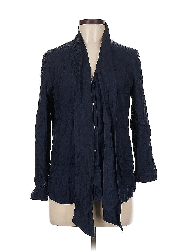 Click to view more detailed imagery on our partner's website Pre-owned Unbranded 3/4 Sleeve Silk Top Blue Tie Neck Tops