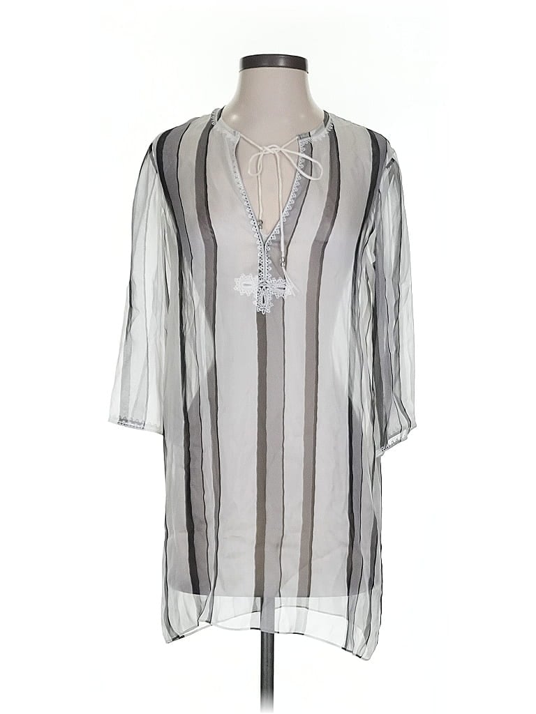 Marie France Van Damme 3/4 Sleeve Silk Top White Plunge Neckline Tops In White