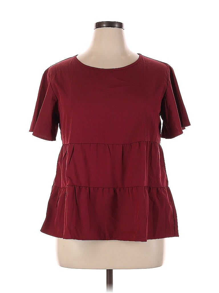 Pre-owned Shein Curve Short Sleeve Top Burgundy Ruffles Neckline Tops