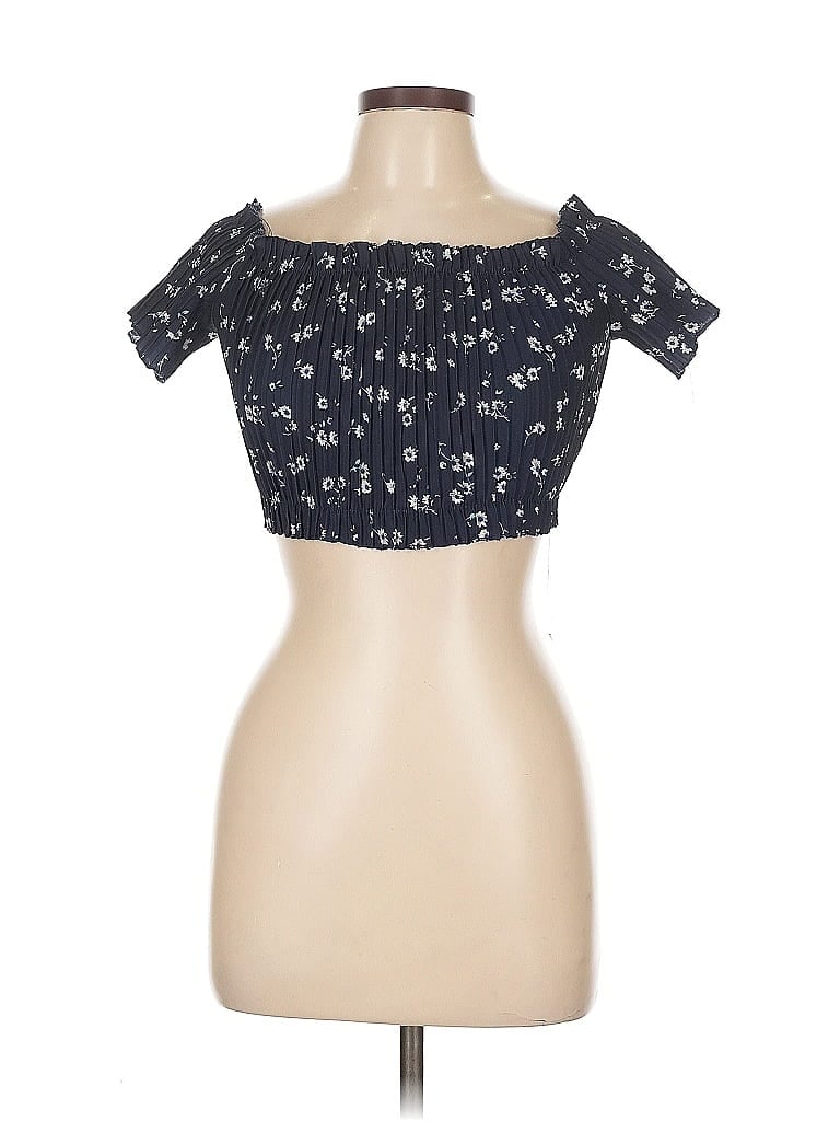 Pre-owned Unbranded Short Sleeve Top Blue Floral Pattern Strapless Neckline Tops