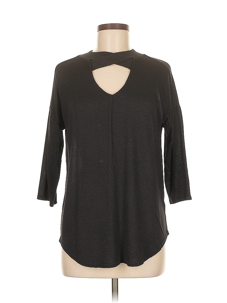 Pre-owned 24/7 Maurices 3/4 Sleeve Top Black Solid Pattern Keyhole Neckline Tops