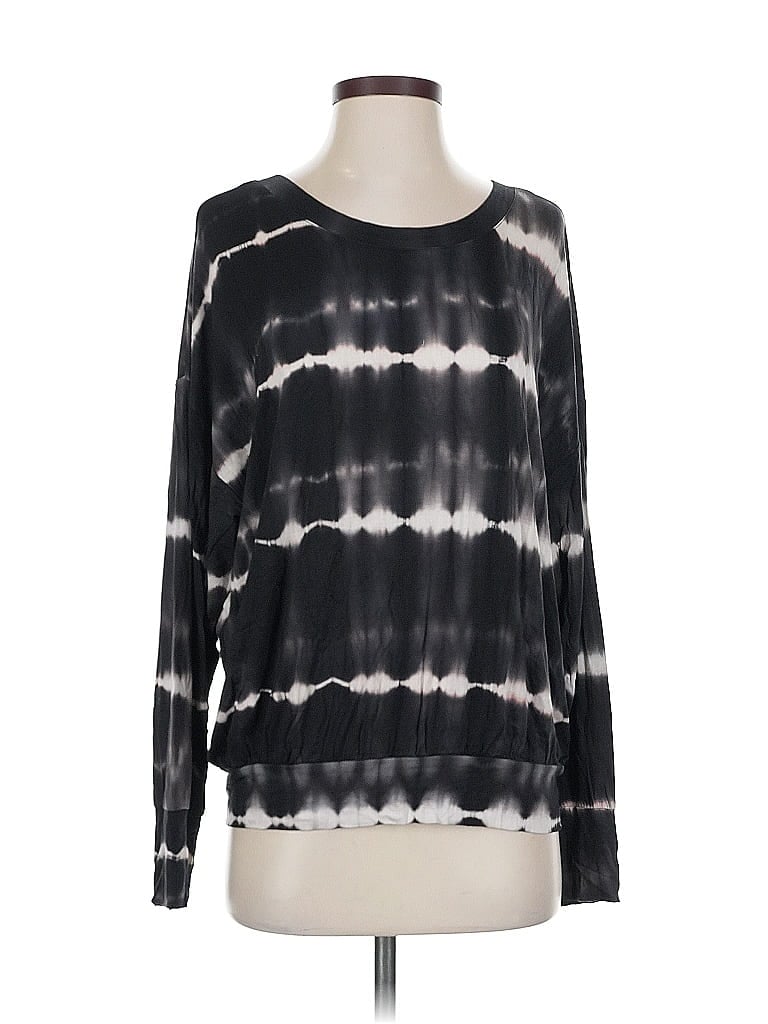 Pre-owned Peyton Jensen Long Sleeve Top Black Tie-dye Pattern Boatneck Tops