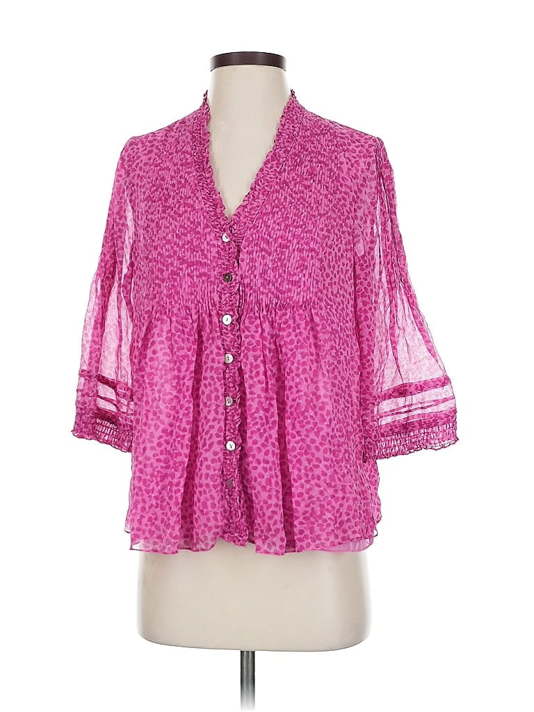 Pre-owned Diane Von Furstenberg 3/4 Sleeve Silk Top Pink Plunge Neckline Tops