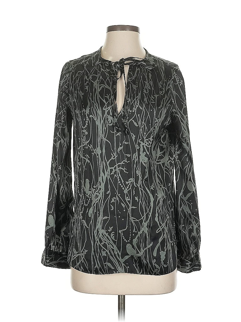 Pre-owned Edun Long Sleeve Silk Top Black Keyhole Neckline Tops