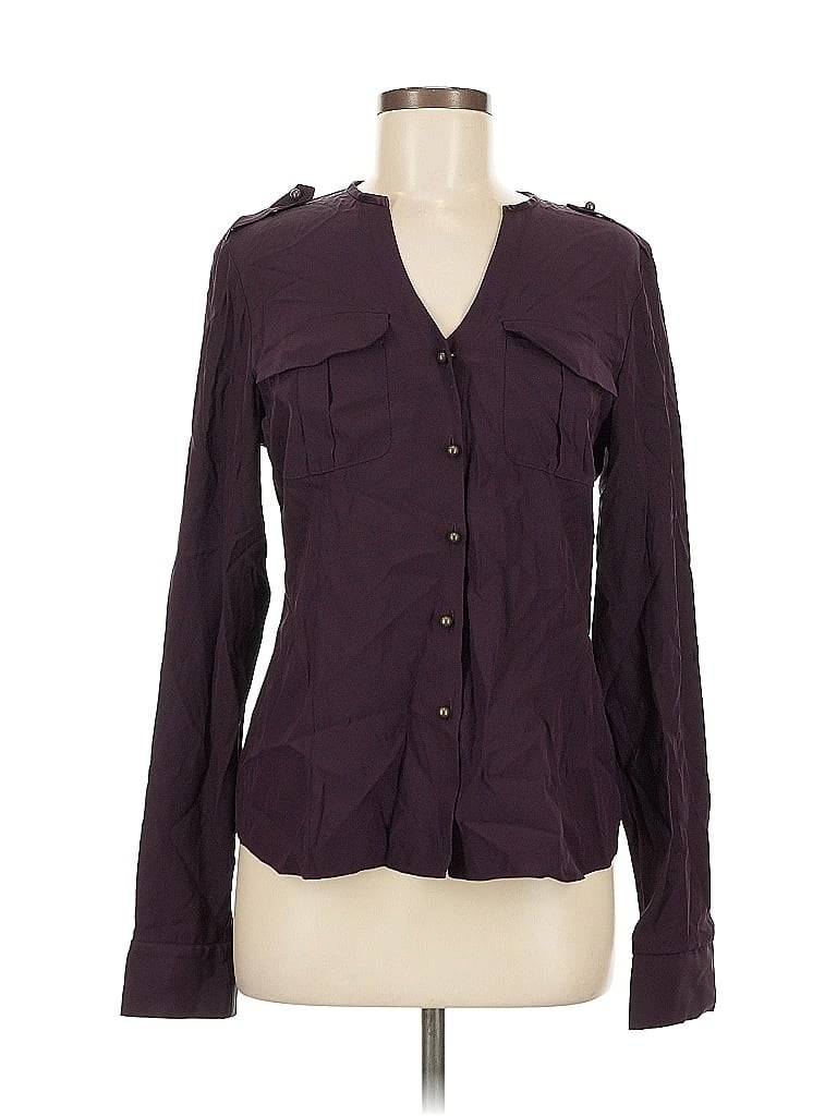 Pre-owned Lafayette 148 Long Sleeve Silk Top Burgundy Open Neckline Tops