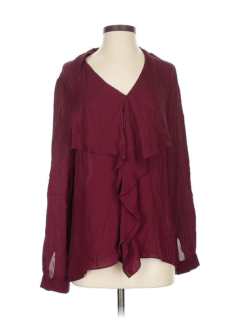 Pre-owned Elie Tahari Long Sleeve Silk Top Burgundy Plunge Neckline Tops
