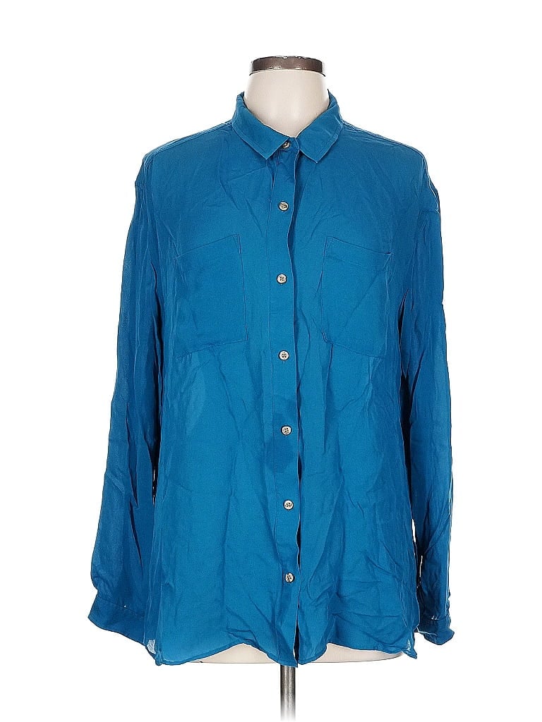 Pre-owned Pendleton Long Sleeve Silk Top Blue Collared Neckline Tops