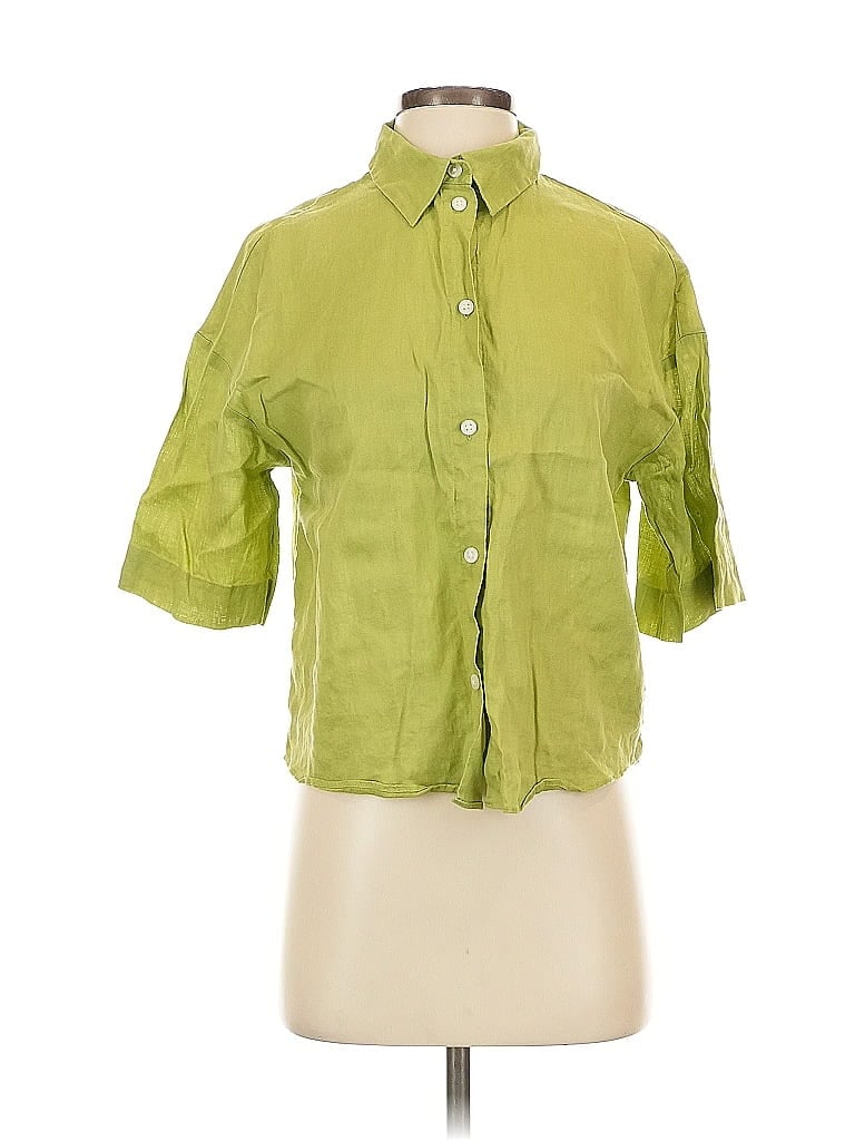 Pre-owned H&m 3/4 Sleeve Button Down Shirt In Green