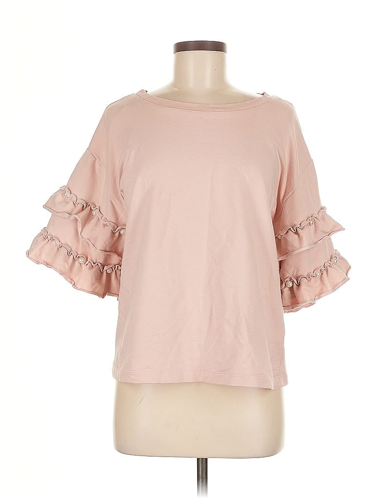 Pre-owned A.n.a. A New Approach Short Sleeve Top Pink Ruffles Neckline Tops