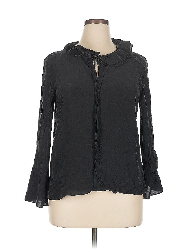 Pre-owned Saks Fifth Avenue Long Sleeve Silk Top Black Keyhole Neckline Tops